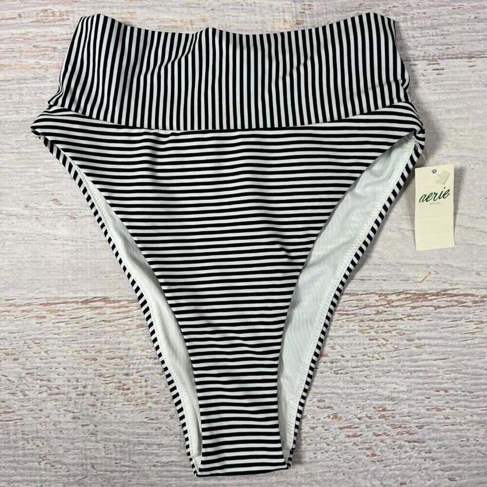 NEW Aerie High Cut Cheeky Bikini Bottom Size XXS Black White Stripe Swimwear NWT